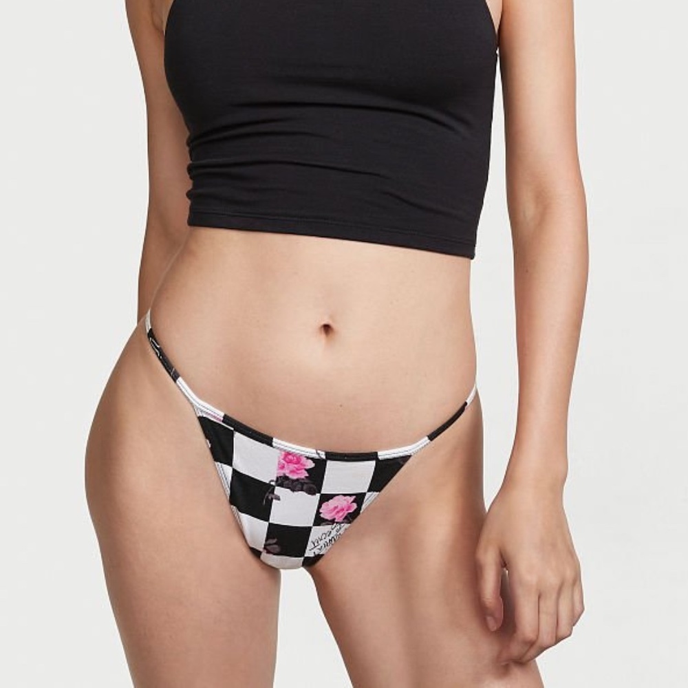 Victoria’s Secret Cotton V String Panty Smooth Black Floral Invasion Small NEW - Picture 4 of 5
